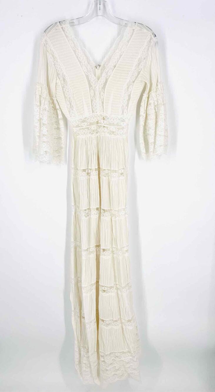 Korovilas Size XS? White Floral Lace Pintucked Designer Dress Maxi